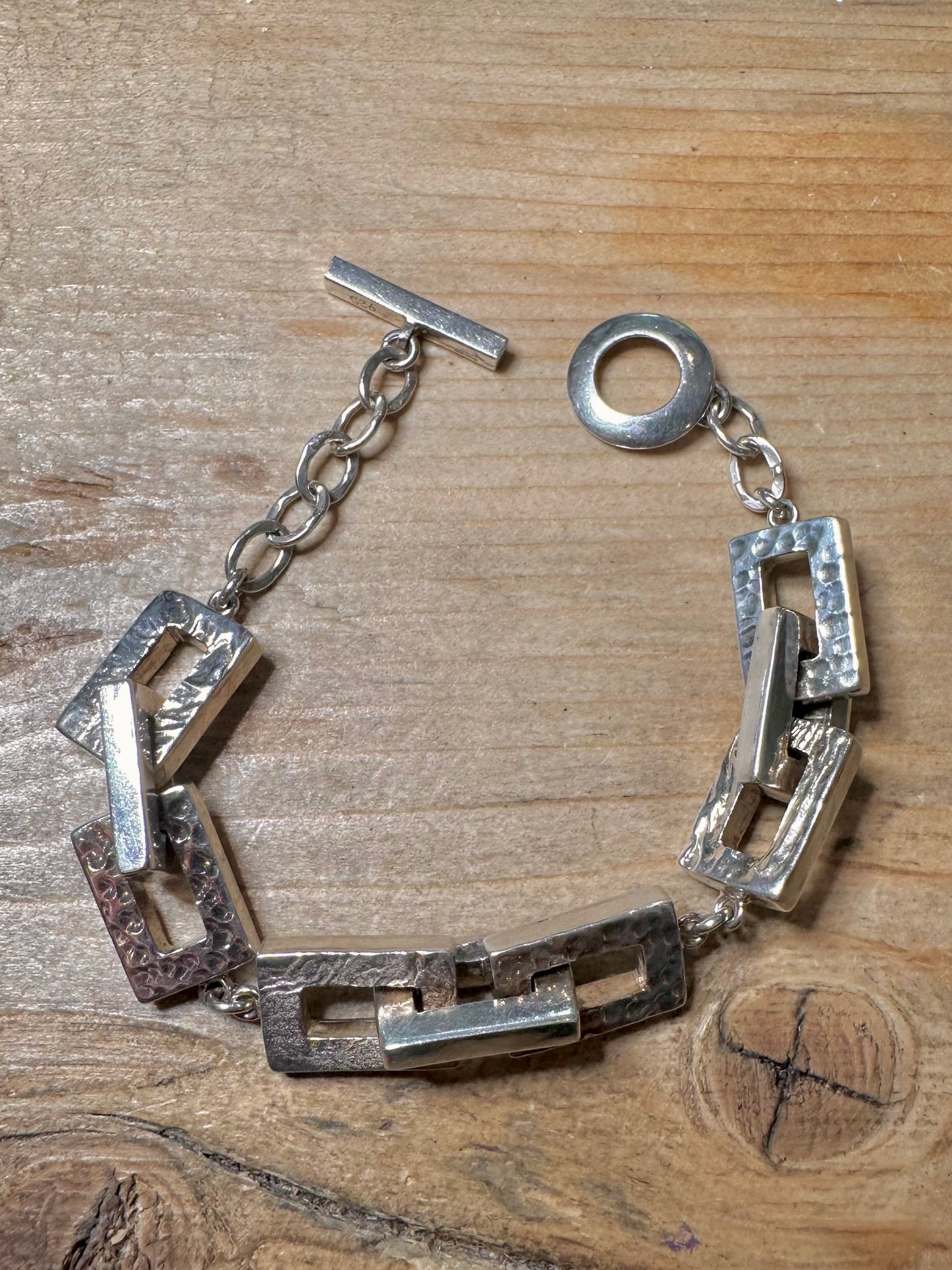 Abstract Hammered Rectangle Link 925 Silver 7 inch Bracelet