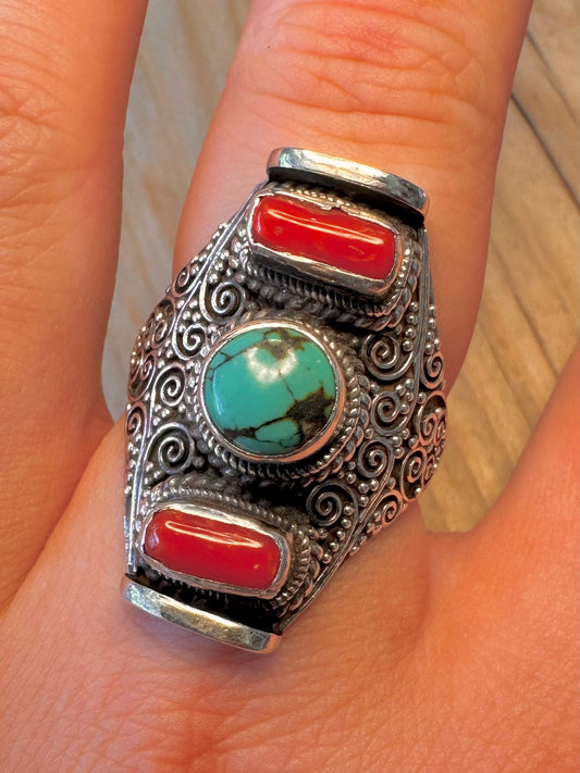 Vintage Coral And Turquoise Tibetan 925 Silver Size U Adjustable Ring