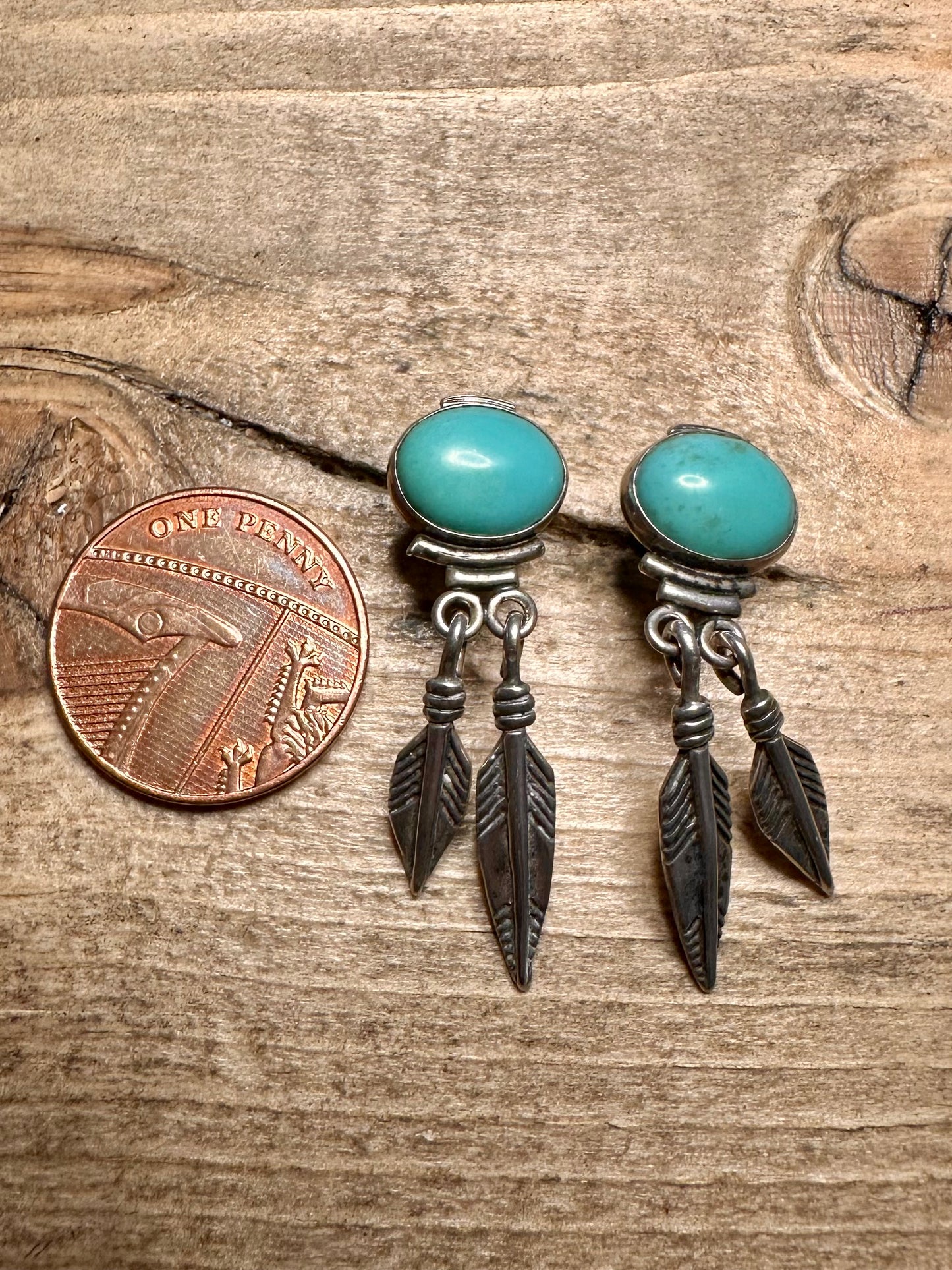 Vintage Turquoise Feather Native American Dangle 925 Silver Earrings