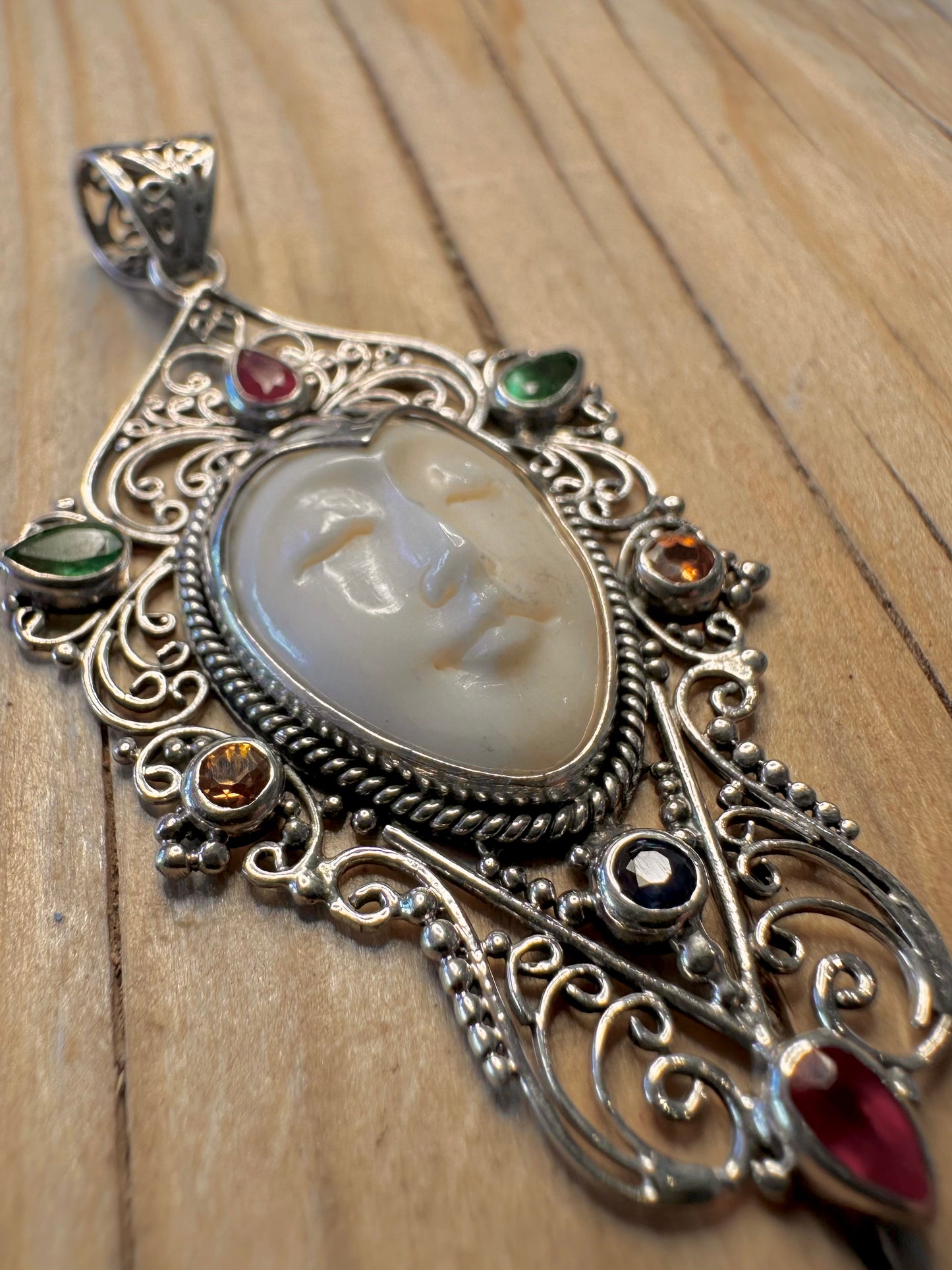 Vintage Women Face Multi Gemstone 925 Silver Pendant