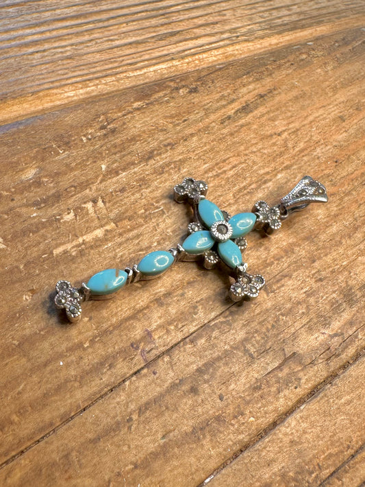 Turquoise Marcasite Cross 925 Sterling Silver Pendant
