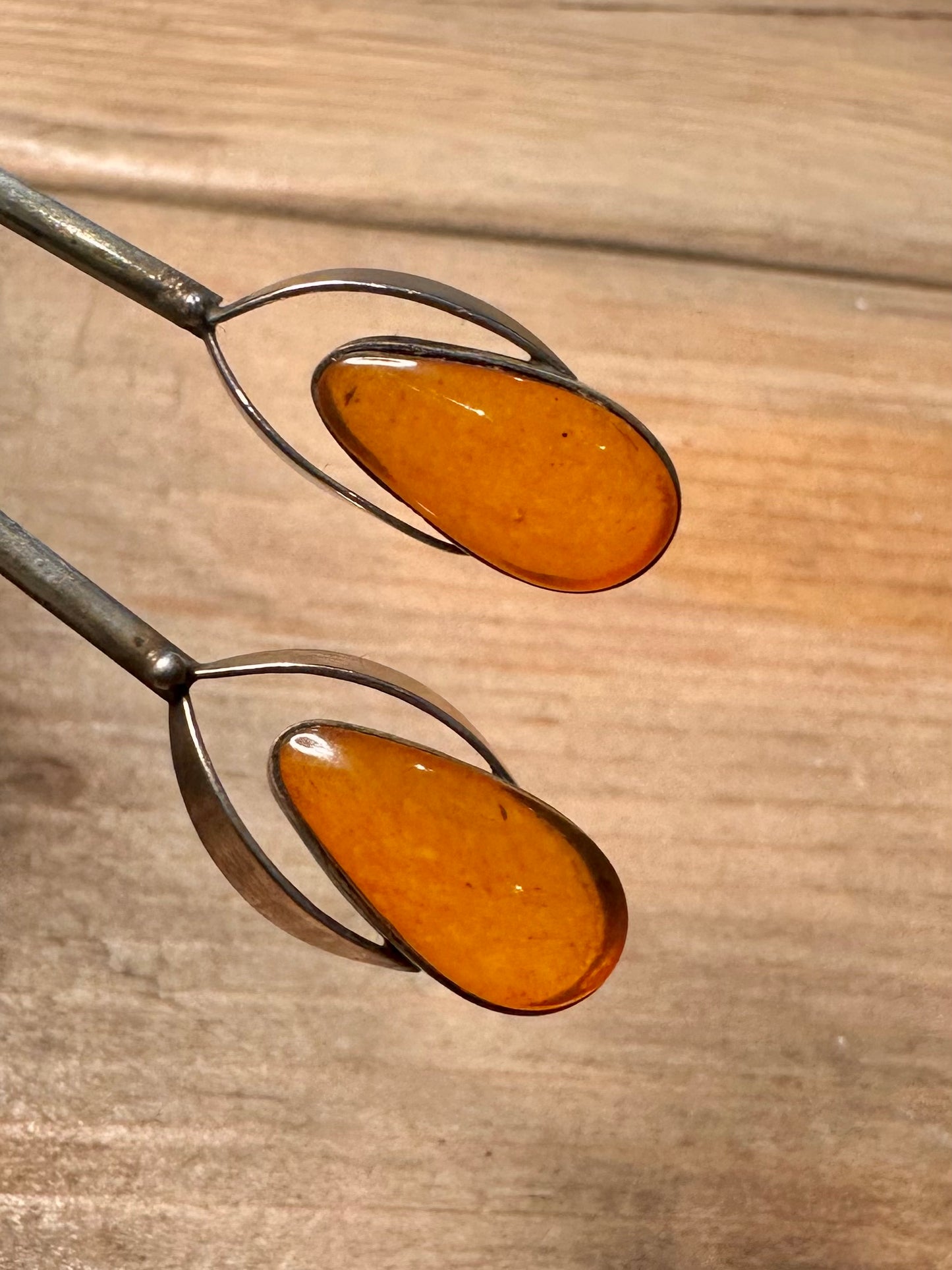 Vintage Long Amber Dangle 925 Silver Earrings