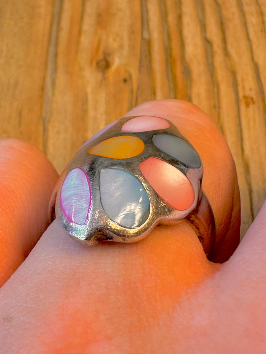 Abstract Multi Coloured Mother of Pearl 925 Sterling Silver Size P Ring