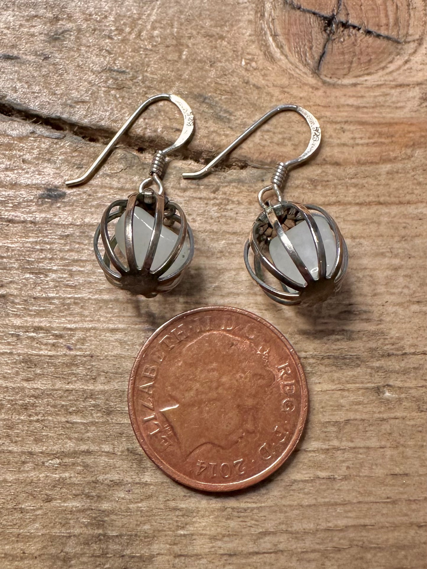 Vintage White Stone Caged 925 Silver Earrings