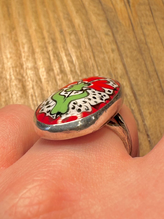 Vintage Red White Painted Flower Design Oval 925 Sterling Silver Size M1/2 Ring