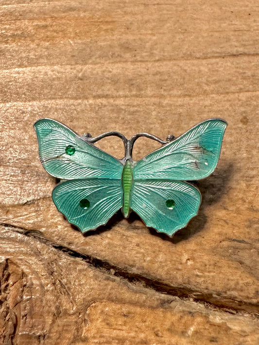Vintage John Atkins Enamel Blue and Green Butterfly 925 Silver Brooch