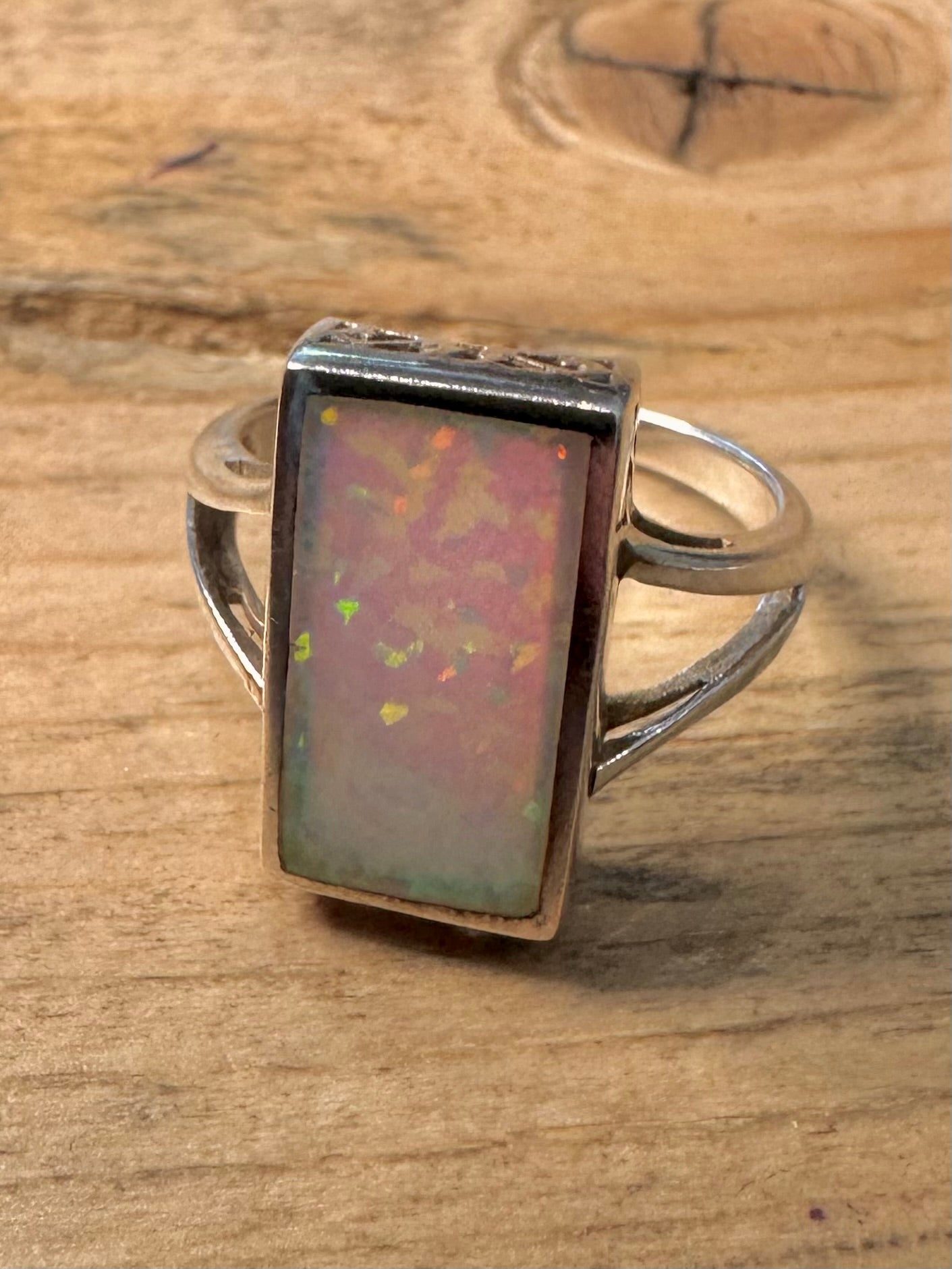 Modernist Opal Rectangle 925 Silver Size Q Ring