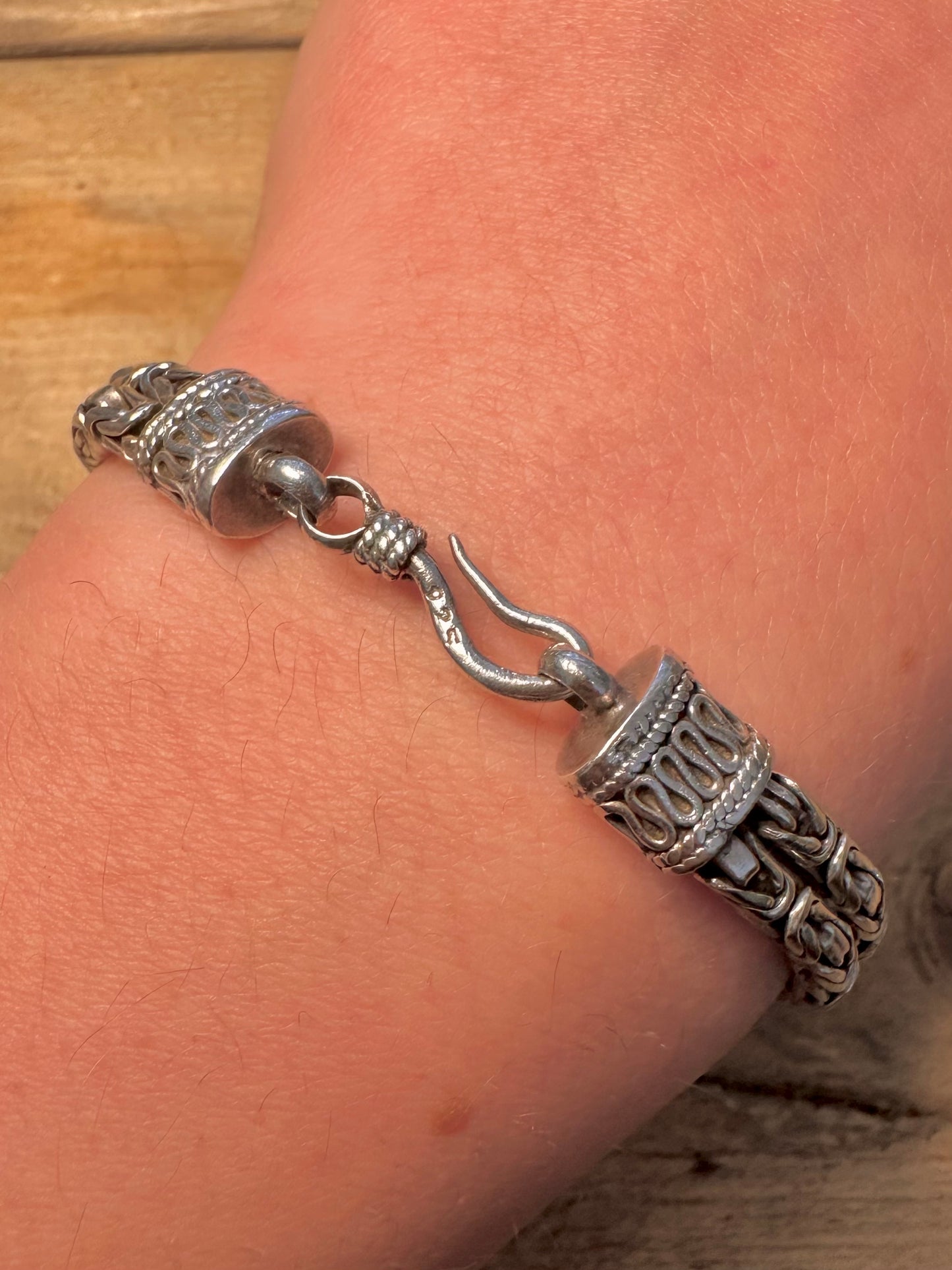 Vintage Double Byzantine Link Hook Clasp 925 Silver 8 inch Bracelet