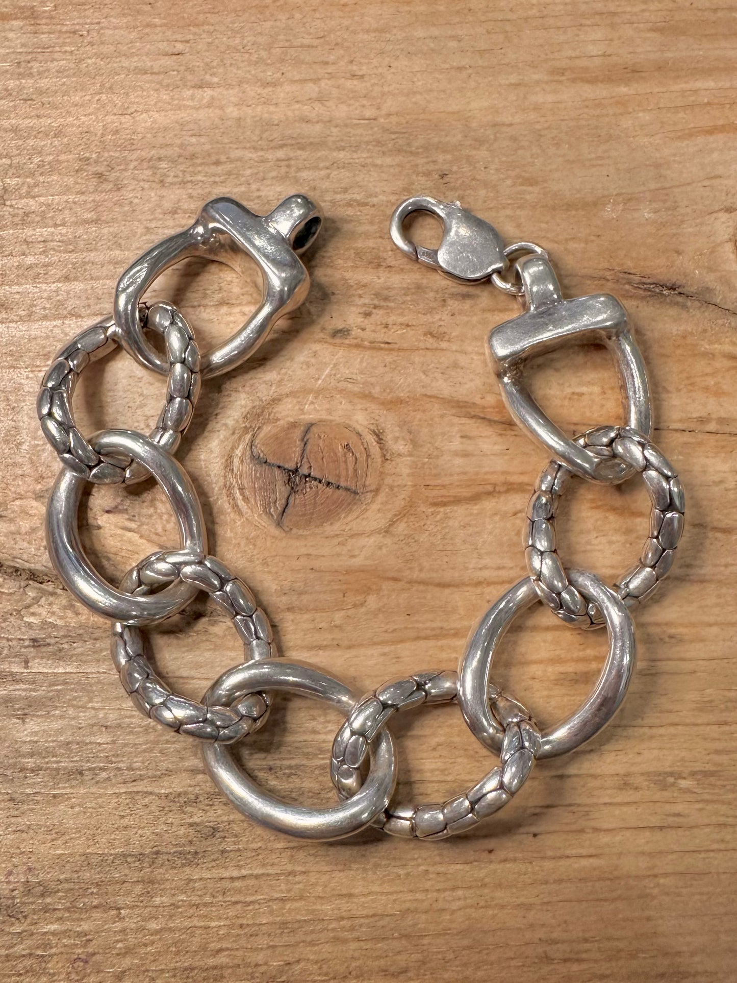 Abstract Large Textured Oval 925 Silver 8.2 inch Bracelet