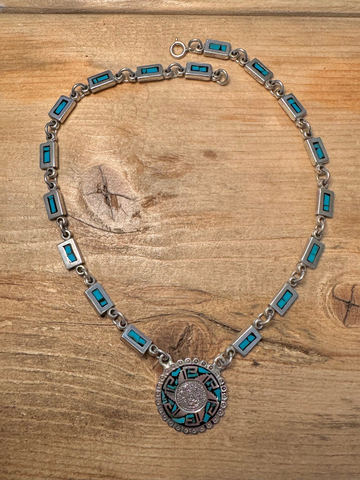 Vintage Taxco Aztec Calendar Turquoise Inlay 925 Silver 14.3 inch Necklace