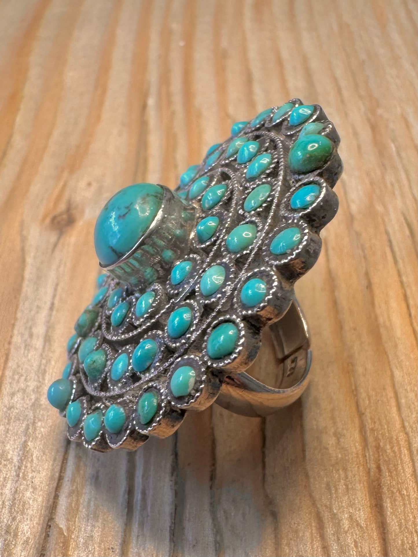 Vintage Turquoise Circle Cluster 925 Sterling Silver Adjustable Size N Ring