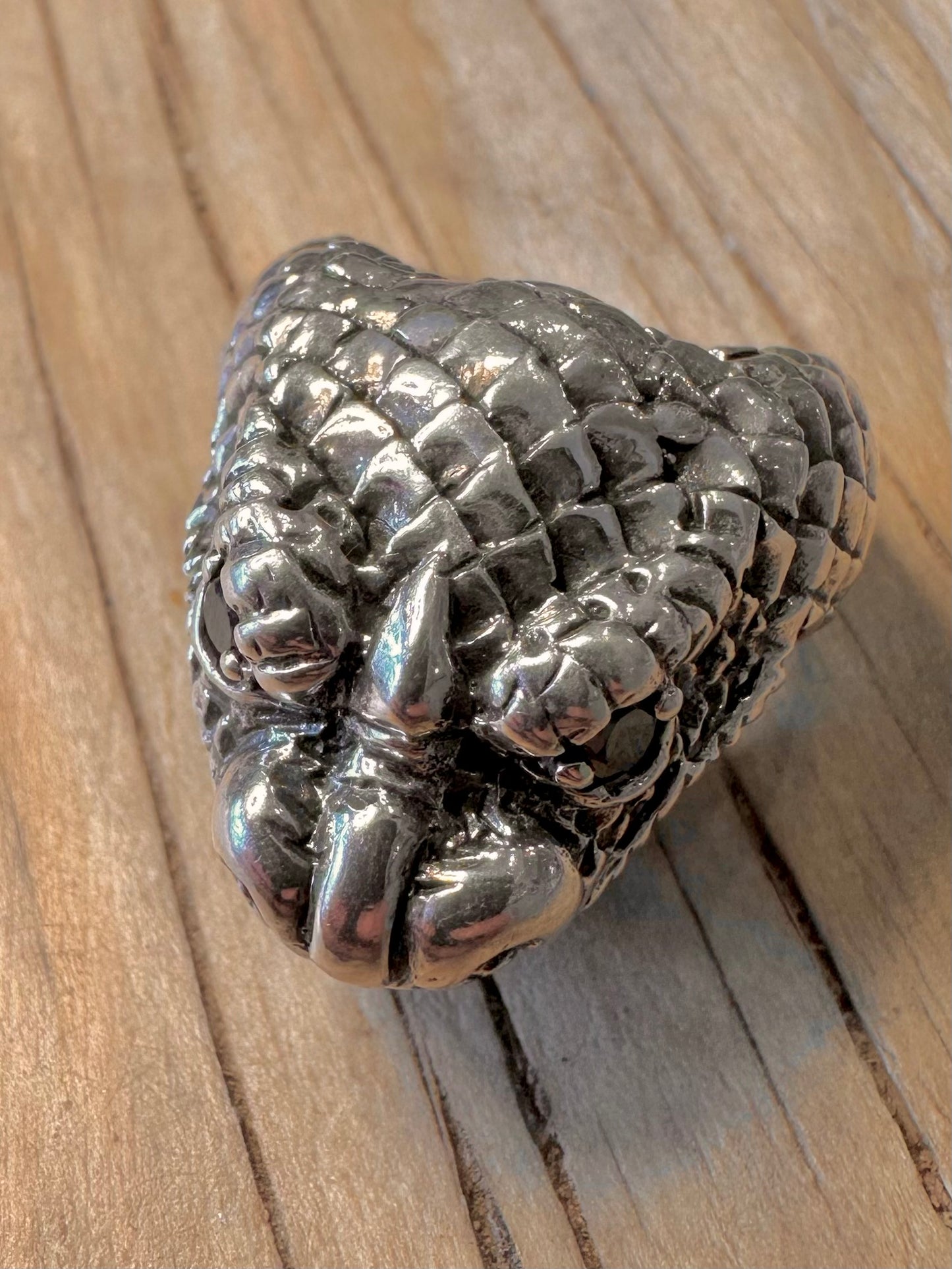 Vintage Large Cobra Snake Black Stone Eye 925 Silver Size P1/2 Ring