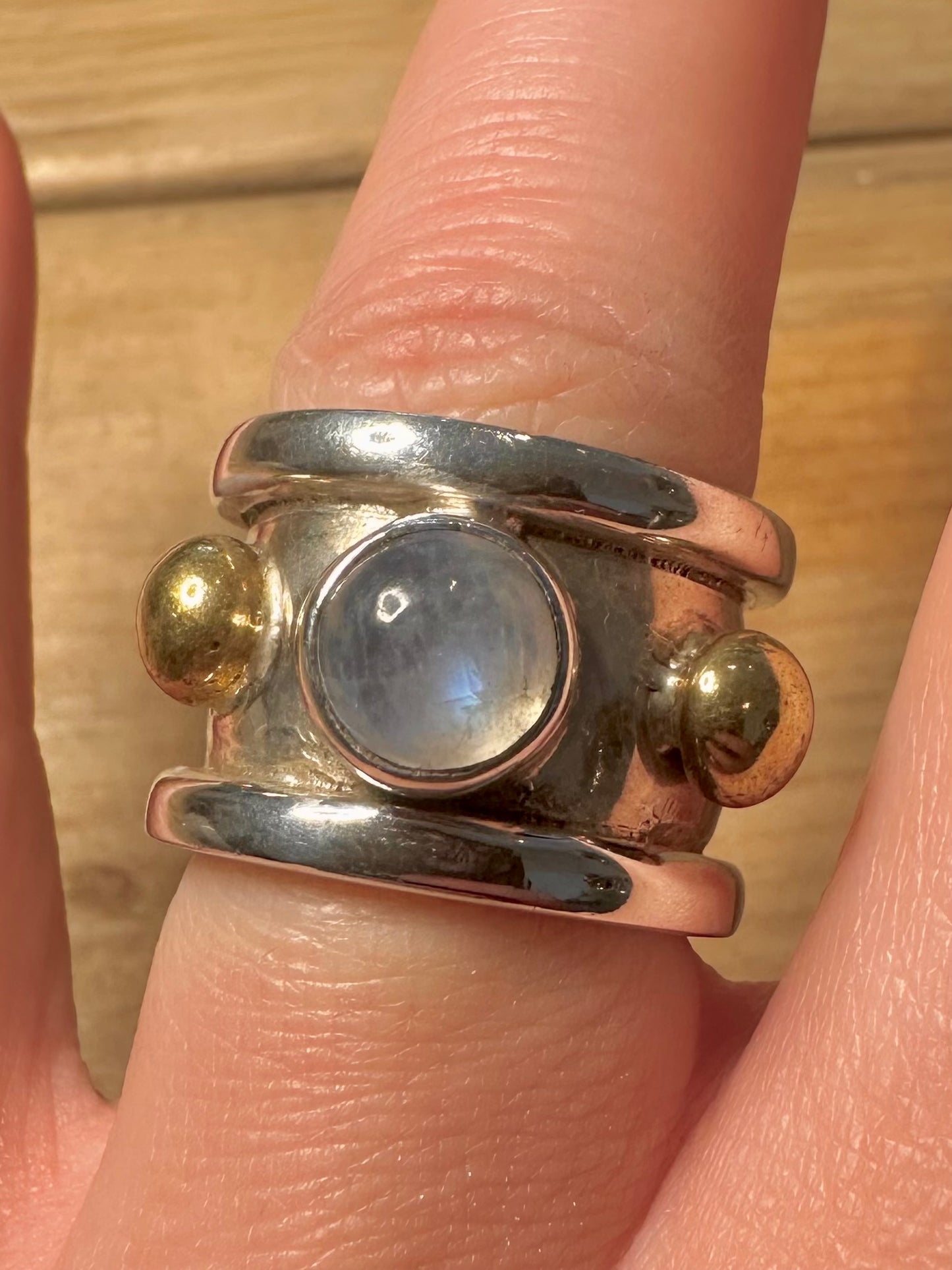 Modernist Chunky Moonstone Band Gold and 925 Silver Size O Ring