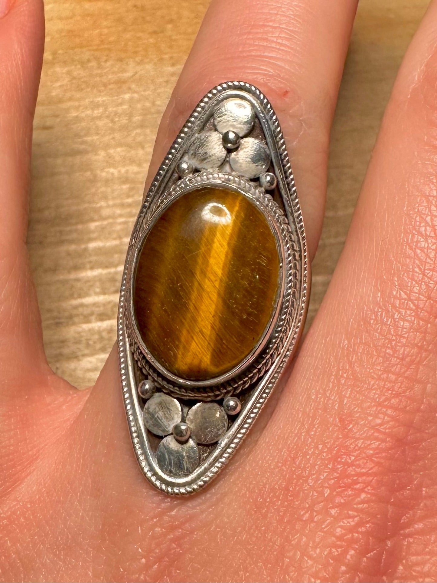 Vintage Large Tigers Eye Diamond Shape 925 Silver Size O1/2 Ring