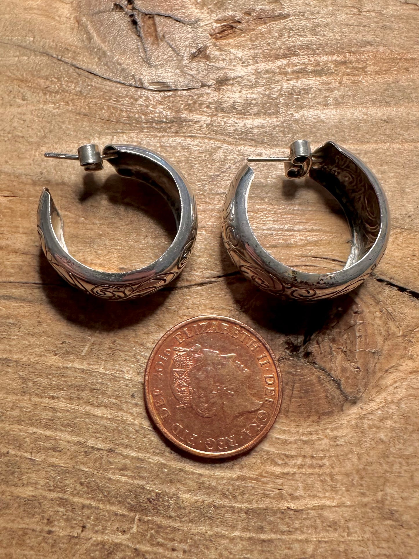 Vintage Chunky Engraved Hoops 925 Silver Earrings