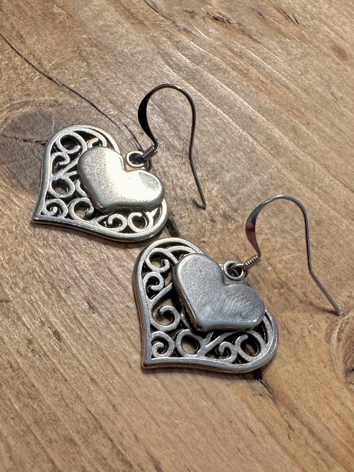 Vintage Filigree Double Heart 925 Silver Earrings