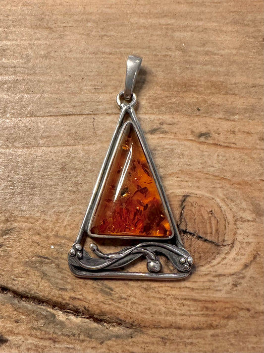 Vintage Amber Triangle 925 Silver Pendant