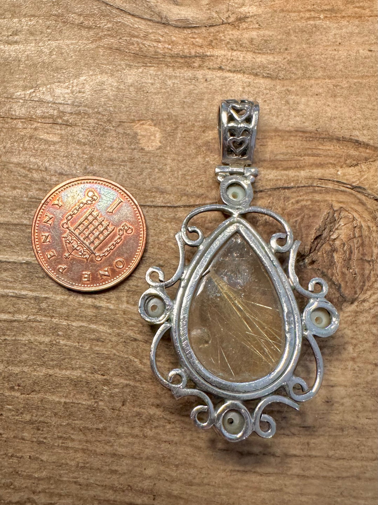 Vintage Golden Rutile Quarts and Pearl 925 Silver Pendant