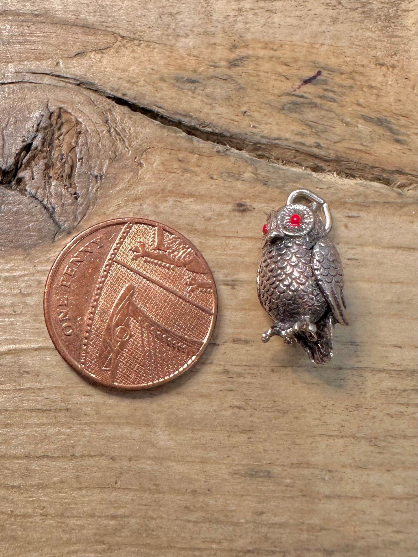 Vintage Owl Red Charm 925 Silver Pendant