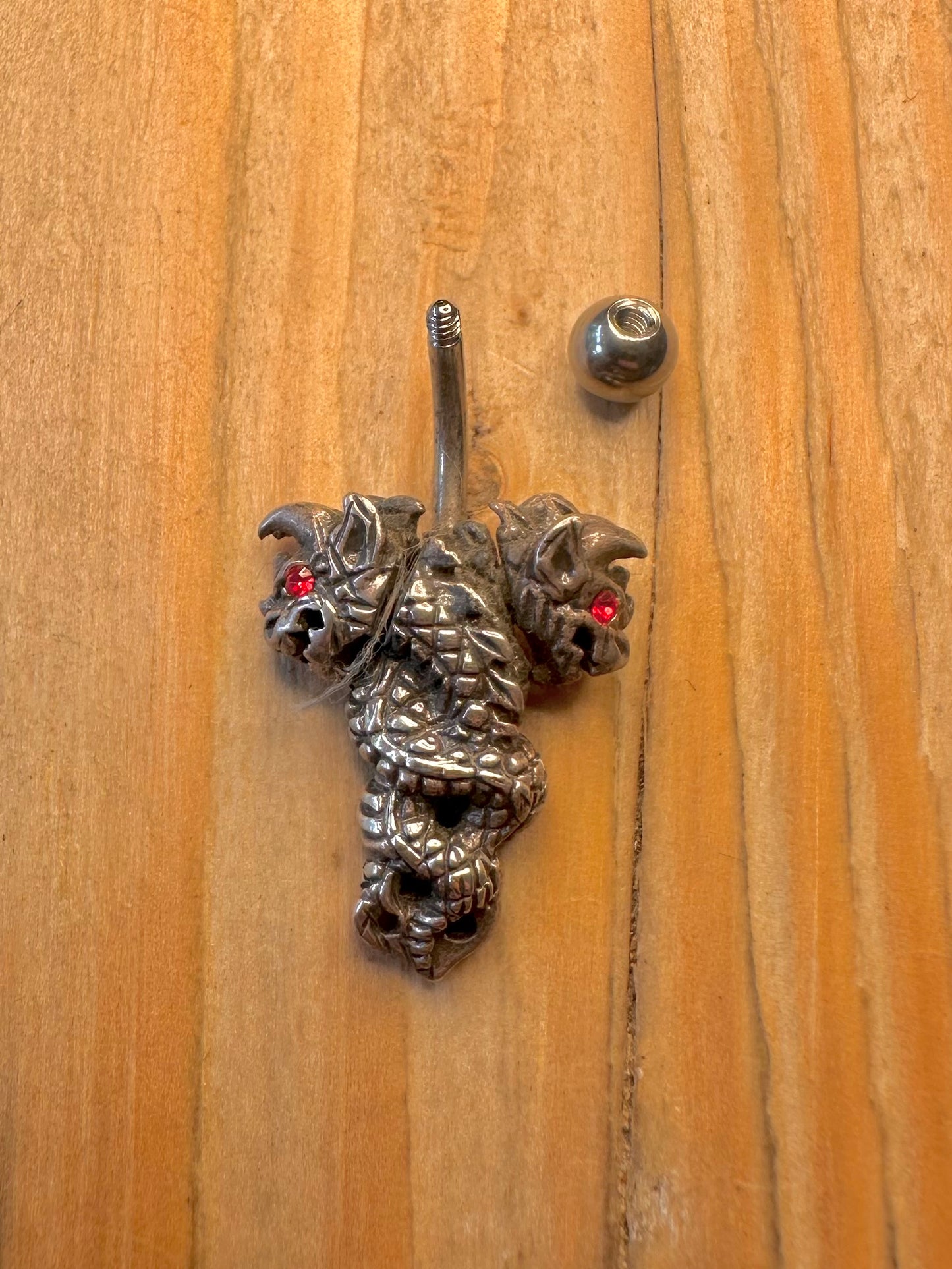 Vintage Two Headed Dragon Red Eye 925 Sterling Silver Belly Bar Body Jewellery