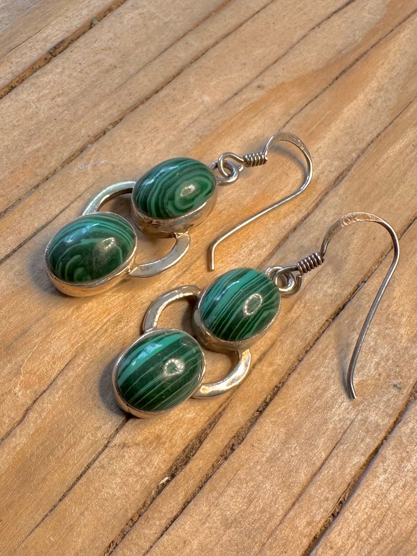 Vintage Malachite Dangle 925 Silver Earrings