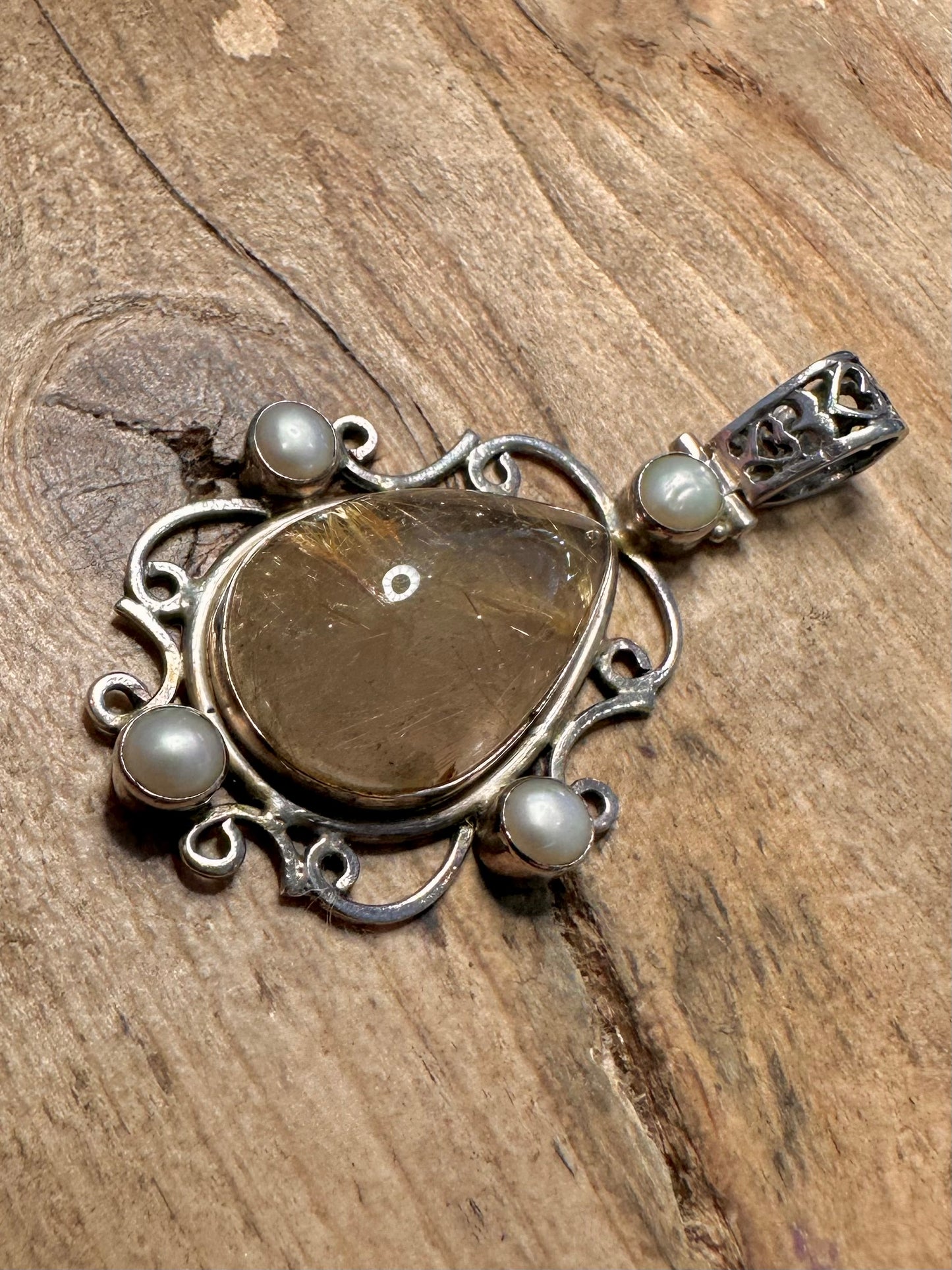 Vintage Golden Rutile Quarts and Pearl 925 Silver Pendant