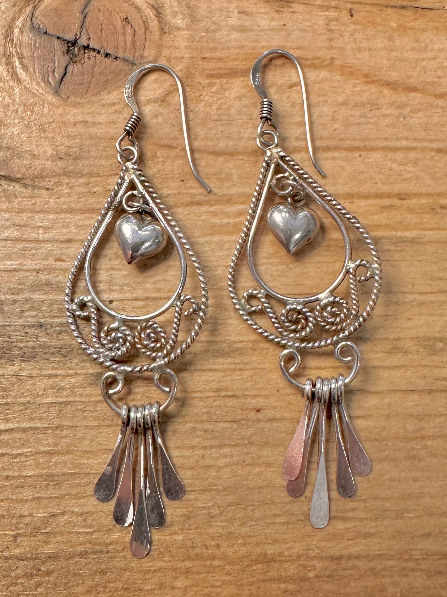 Vintage Filigree Heart Dangle 925 Silver Earrings