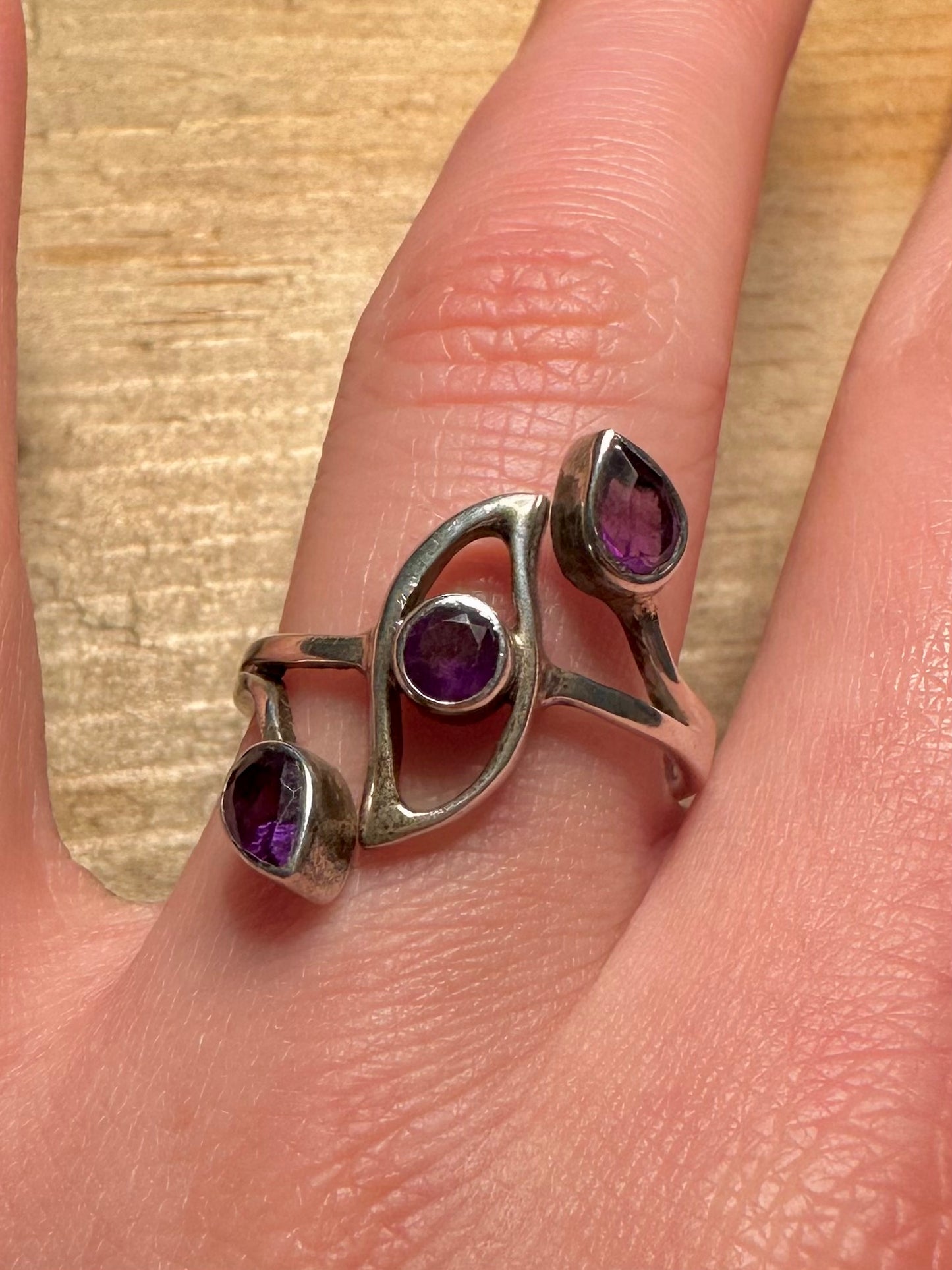 Abstract Amethyst 925 Silver Size T1/2 Ring