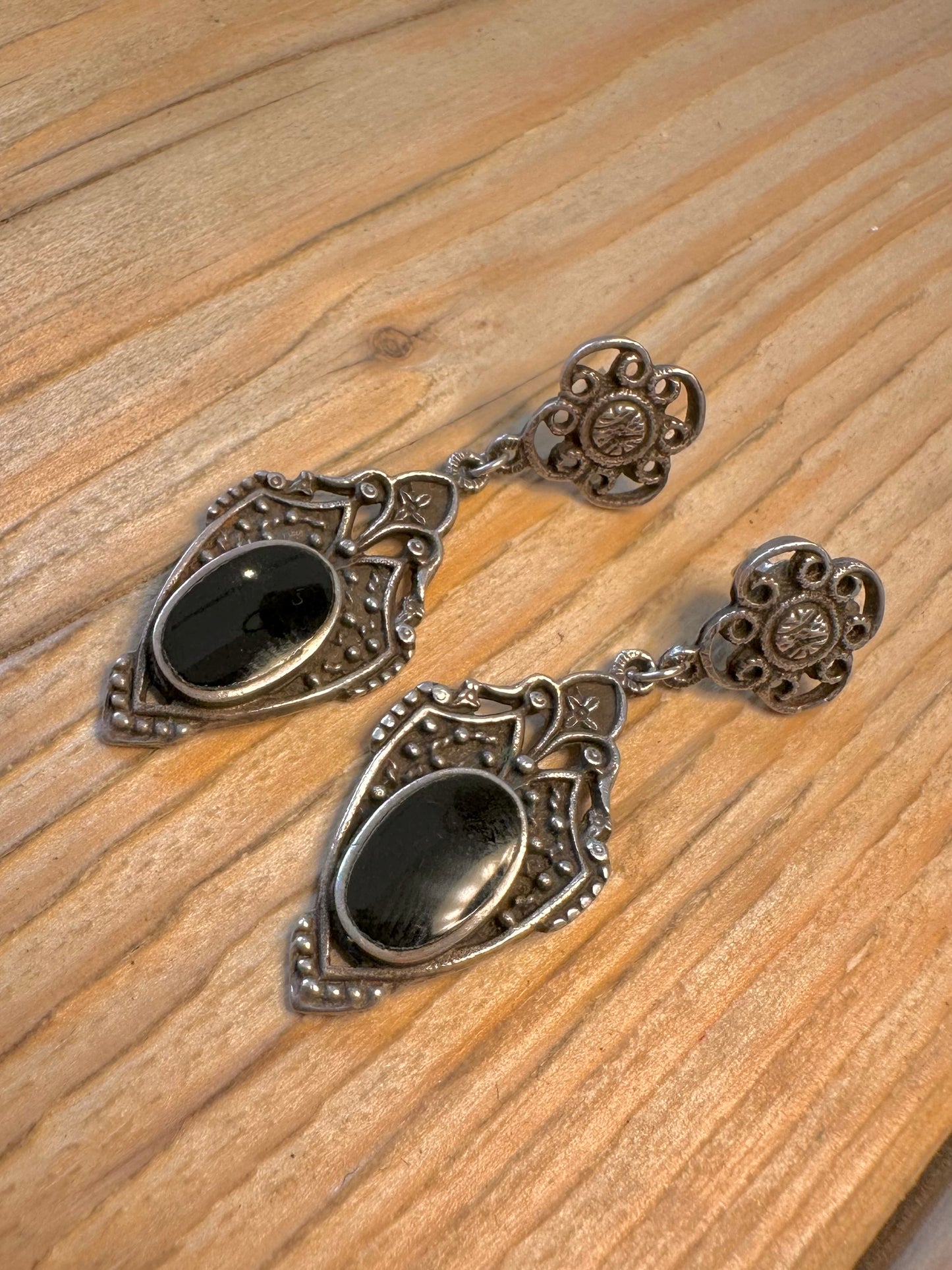 Vintage Onyx Ornate Dangle 925 Sterling Silver Earrings