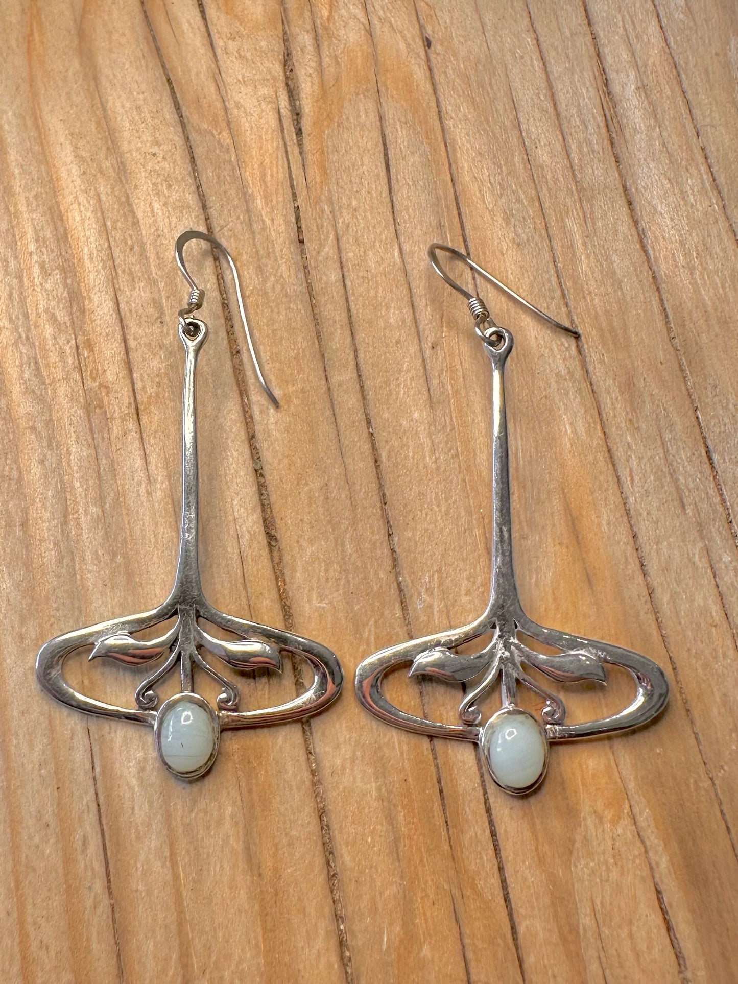 Vintage Lace Agate Fancy Leaf 925 Silver Earrings