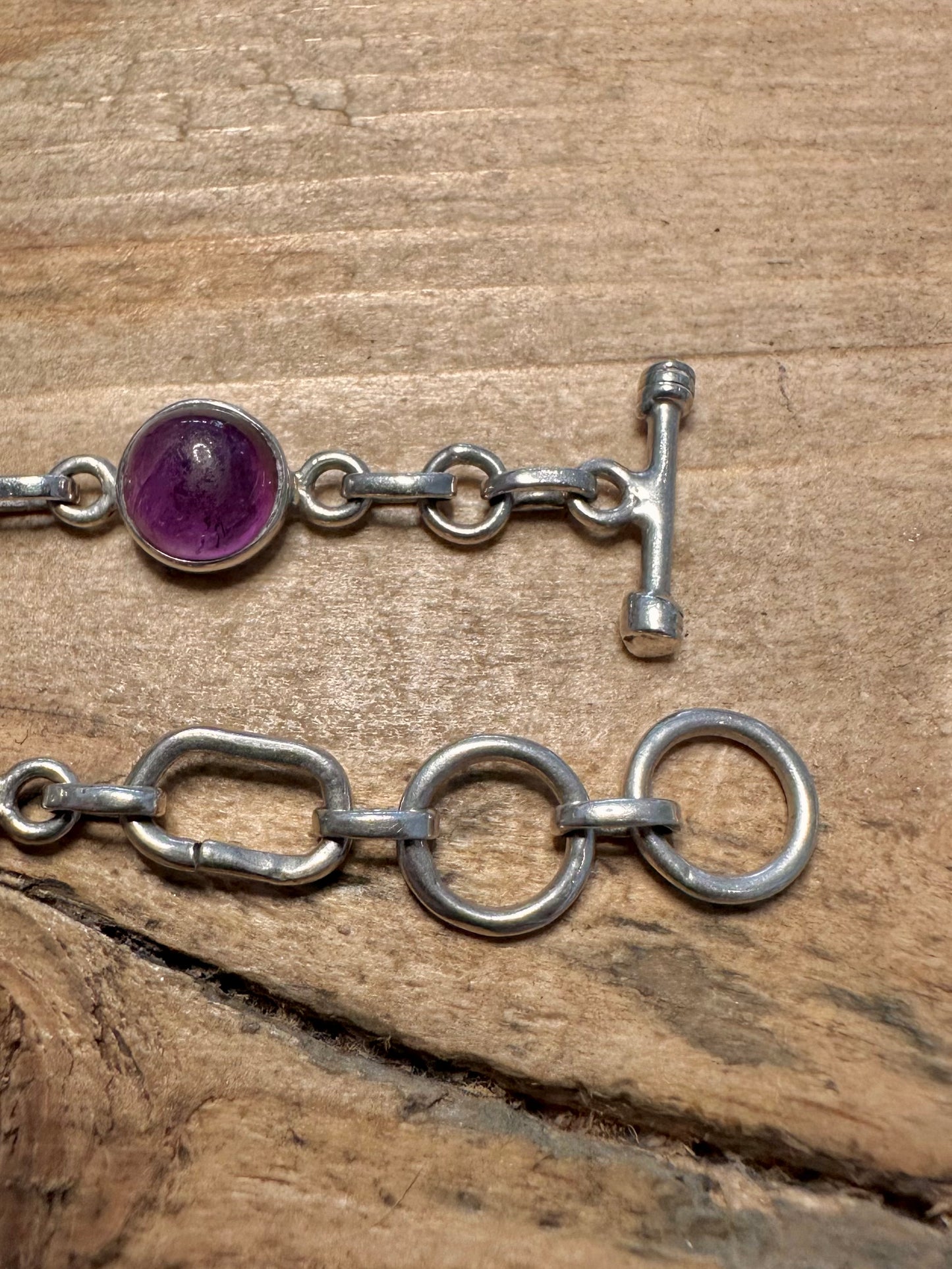 Vintage Amethyst Circle Link T Bar Clasp 925 Silver 7 to 8 inch Bracelet