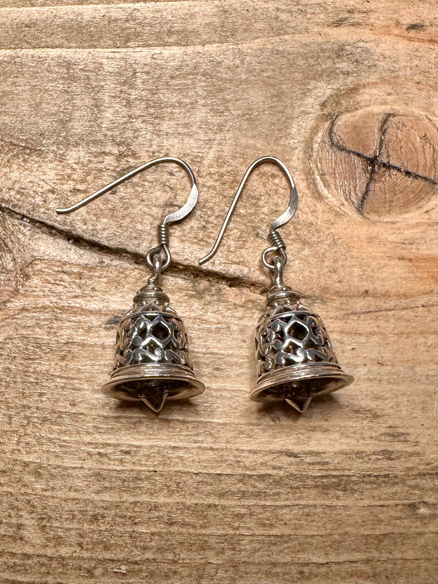 Vintage Ornate Bell Dangle 925 Silver Earrings