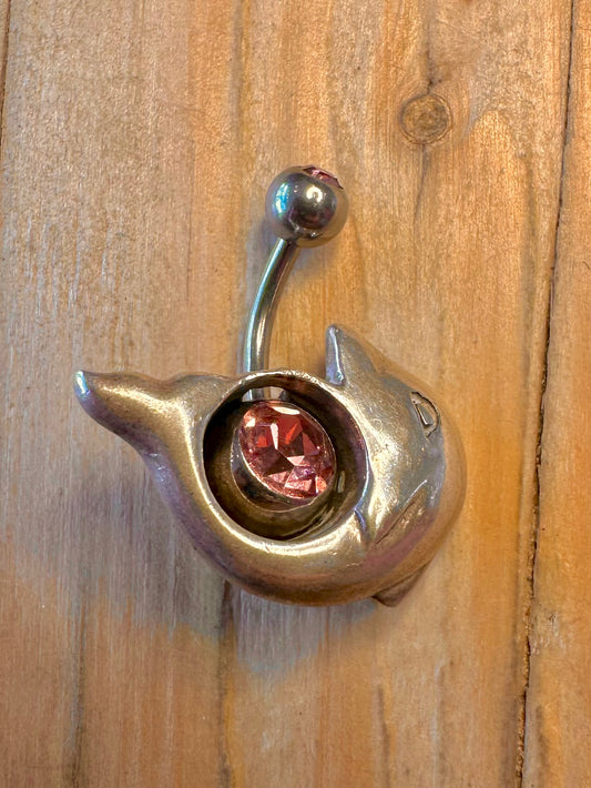 Modernist Dolphin Pink Stones 925 Sterling Silver Belly Bar Body Jewellery