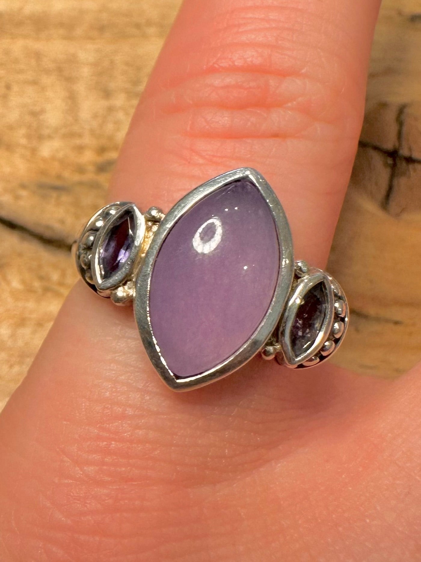 Modernist Lavender Jade and Amethyst 925 Silver Size O1/2 Ring