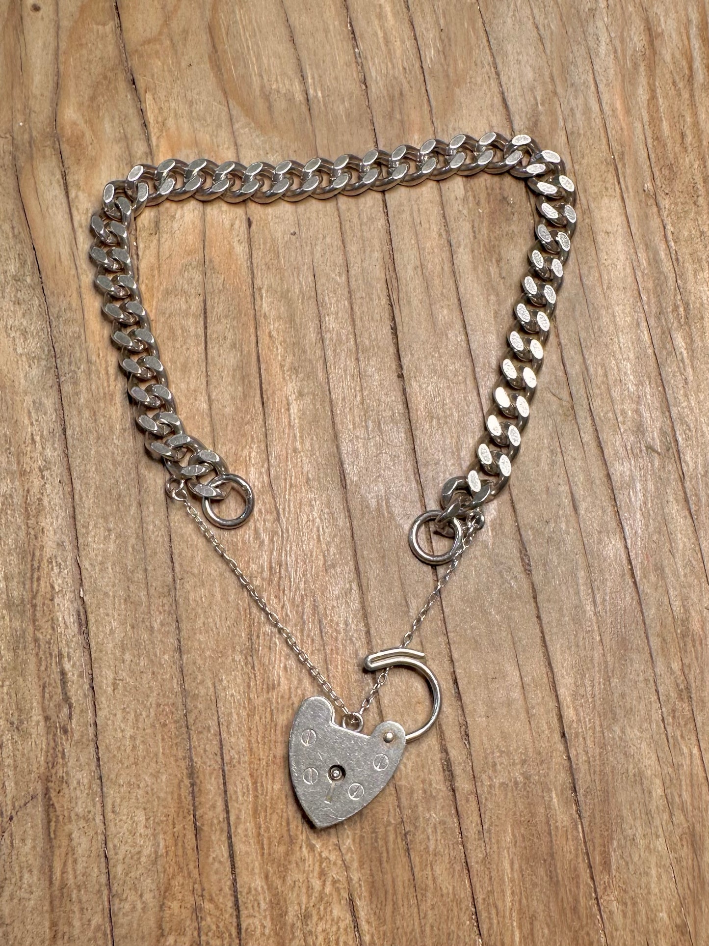 Vintage Heart Padlock Curb Chain 925 Sterling Silver 7 inch Bracelet