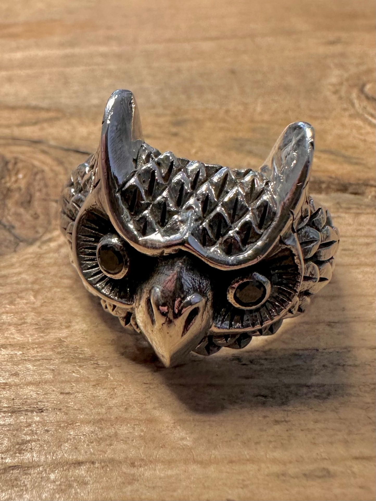 Vintage Owl Head Black Eyes 925 Silver Size Y Ring