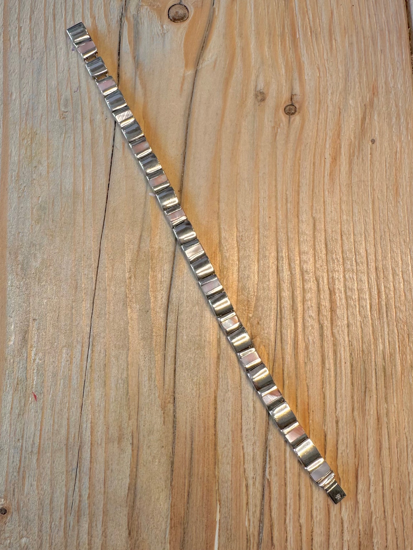Modernist Heavy Mother of Pearl Bar 925 Sterling Silver 7.5 inch Bracelet