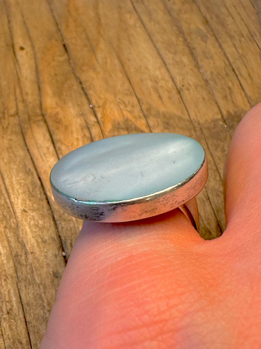 Blue Mother of Pearl Circle 925 Sterling Silver Size N Ring