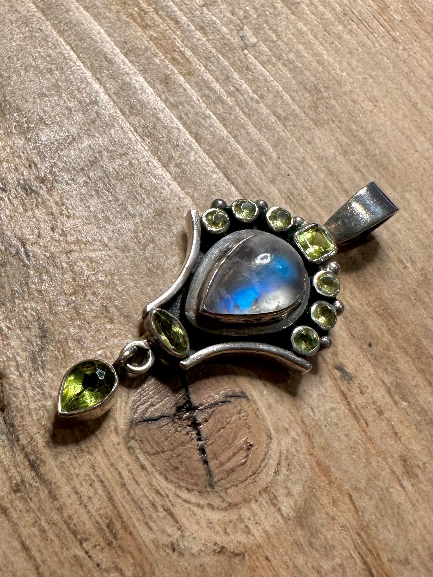 Vintage Moonstone and Peridot 925 Silver Pendant