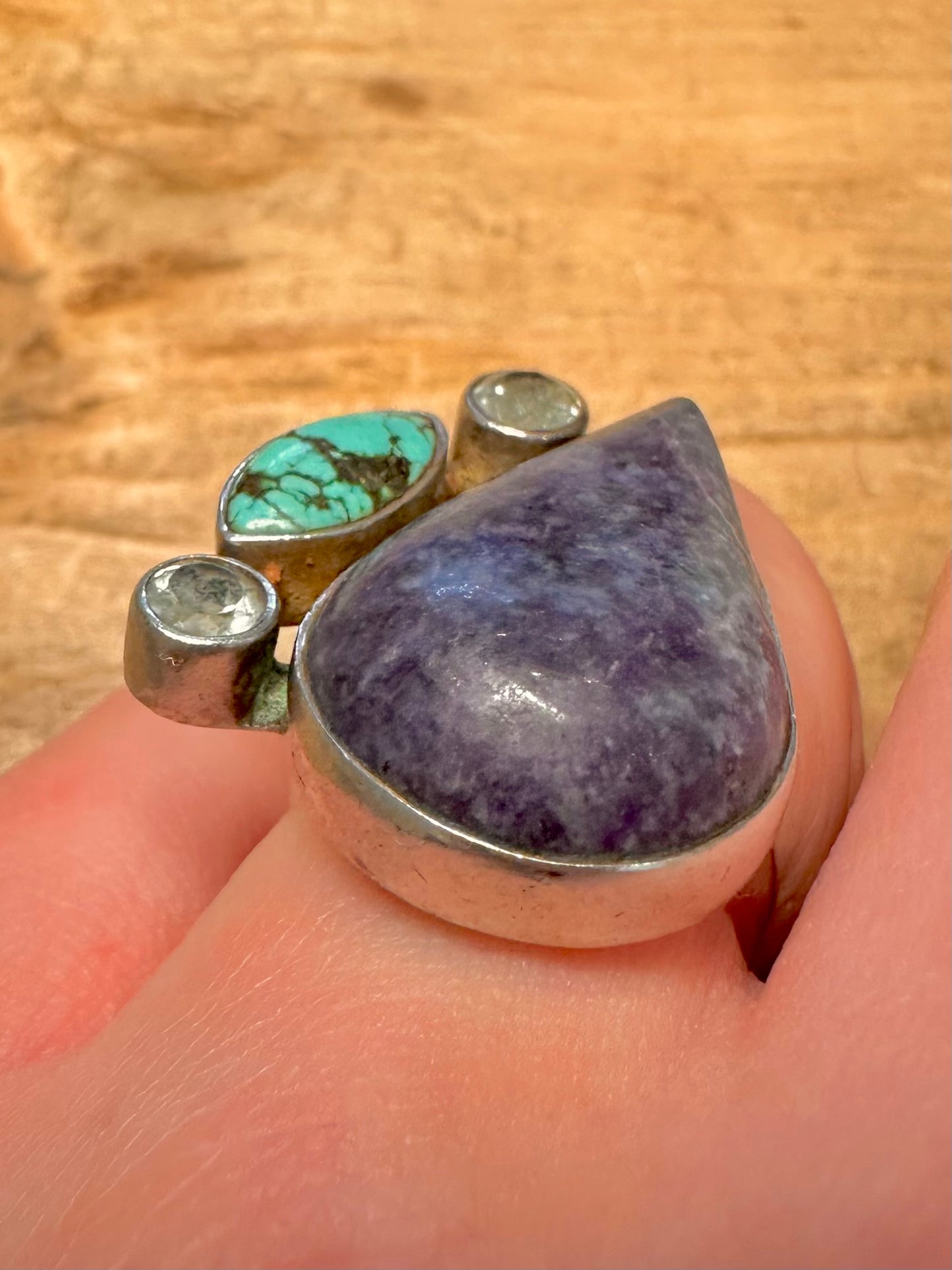Vintage Large Sodalite Turquoise and CZ 925 Silver Size O Ring