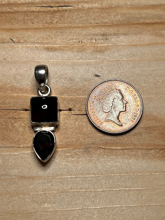 Dark Garnet Square and Tear Drop 925 Sterling Silver Pendant