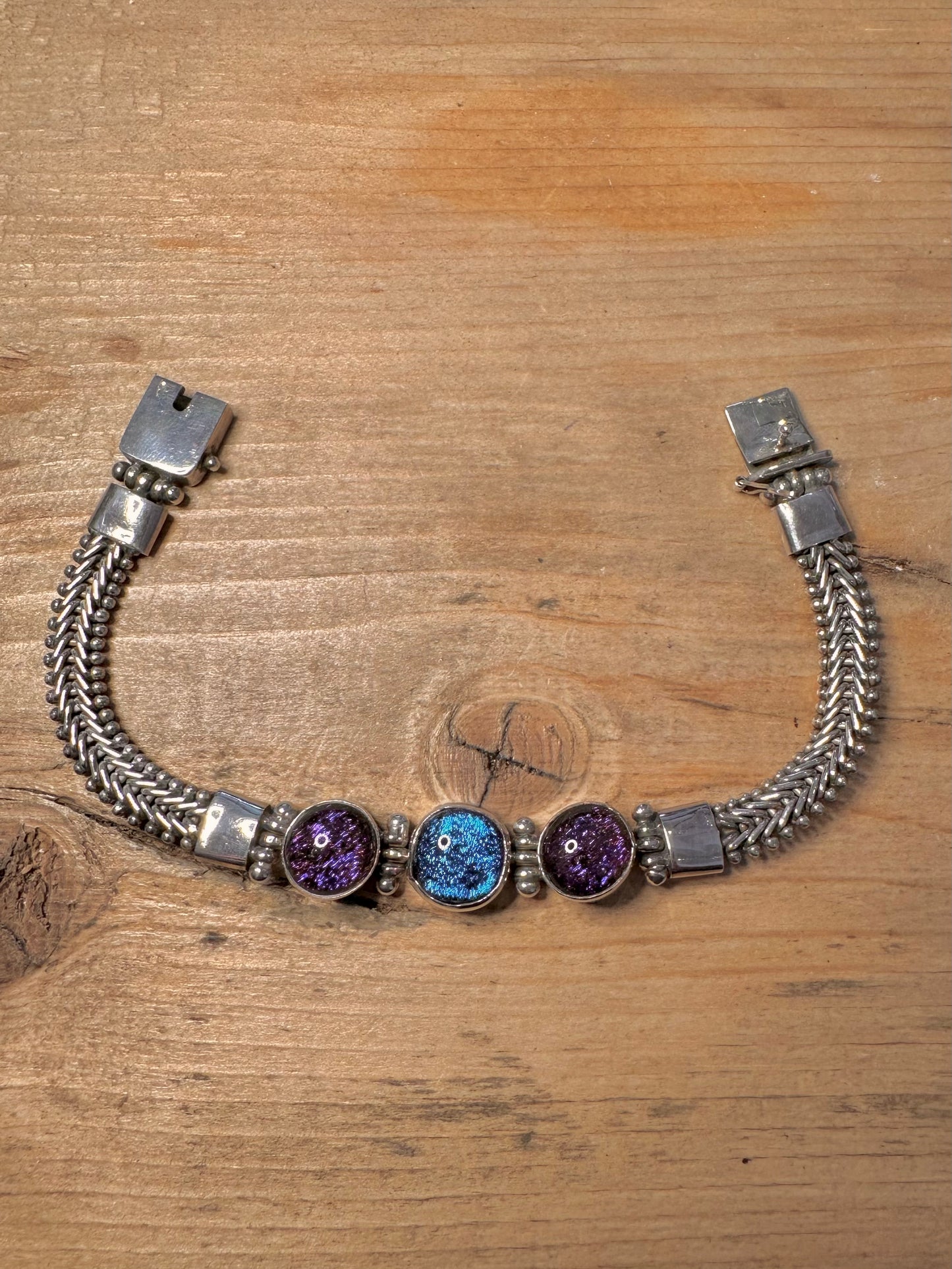 Vintage Glass Foil Woven Link Box Clasp 925 Silver 7.3 inch Bracelet