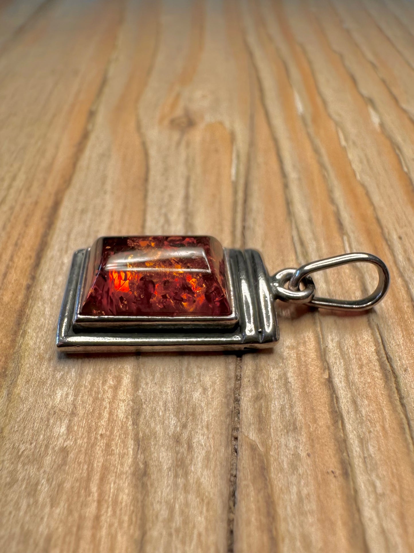 Vintage Rectangle Amber 925 Sterling Silver Pendant