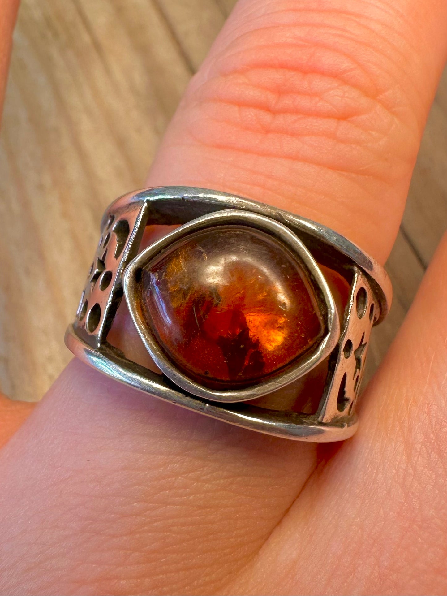 Vintage Amber Stars and Moons 925 Sterling Silver Size R Ring