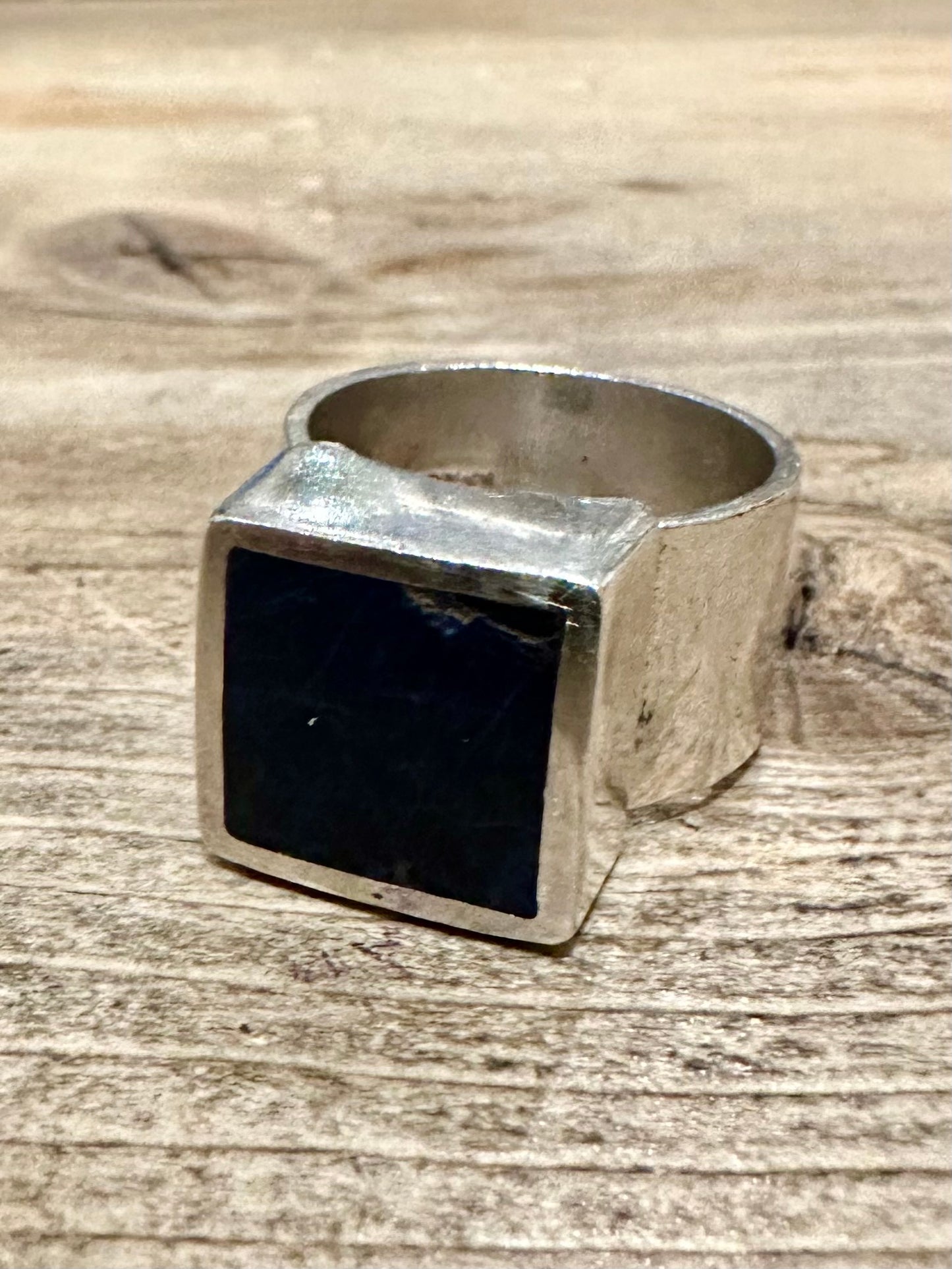 Vintage Square Lapis Chunky 925 Silver Size P1/2 Ring