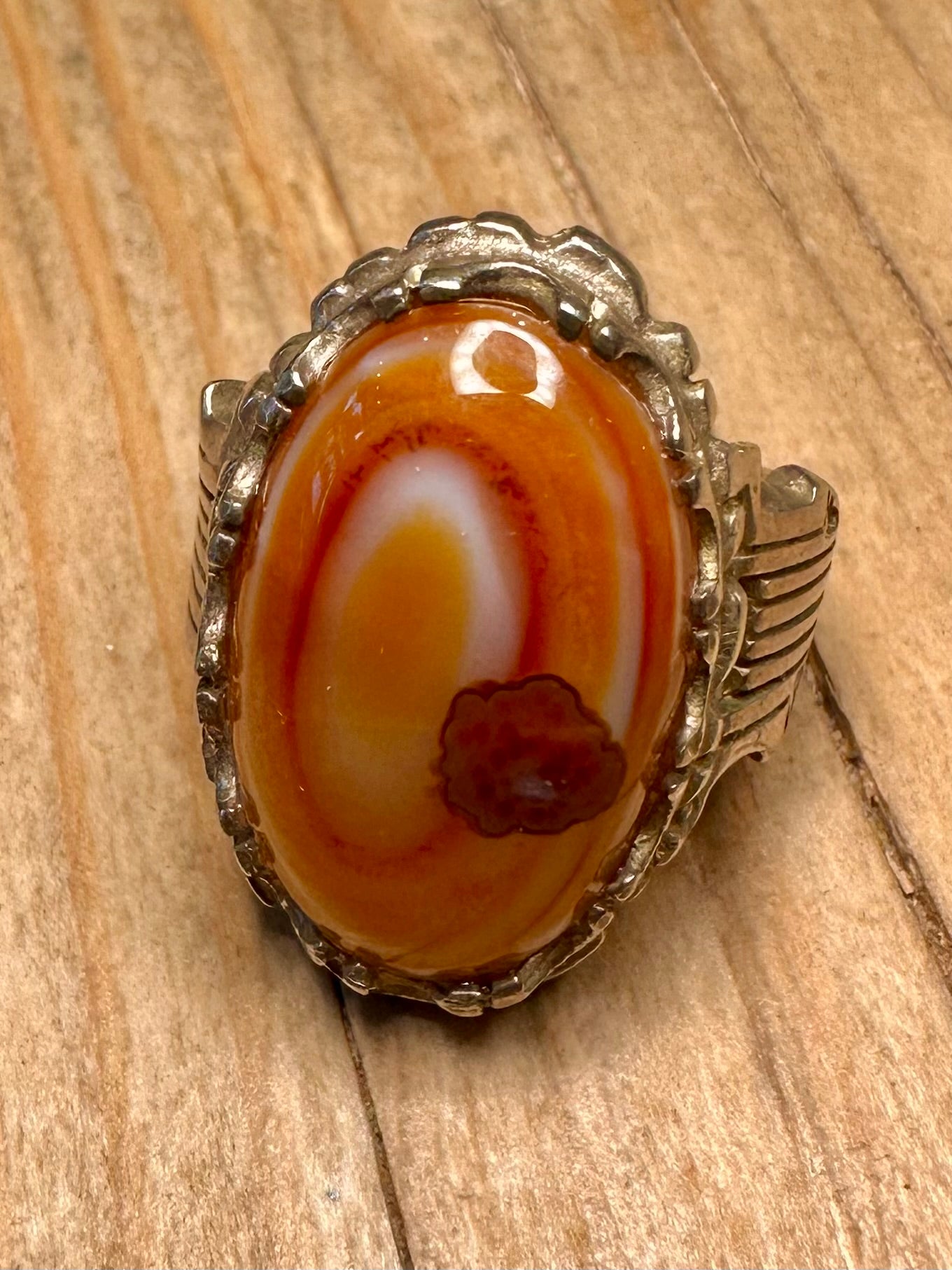 Vintage Orange Agate Oval Ornate 925 Sterling Silver Size Q Ring