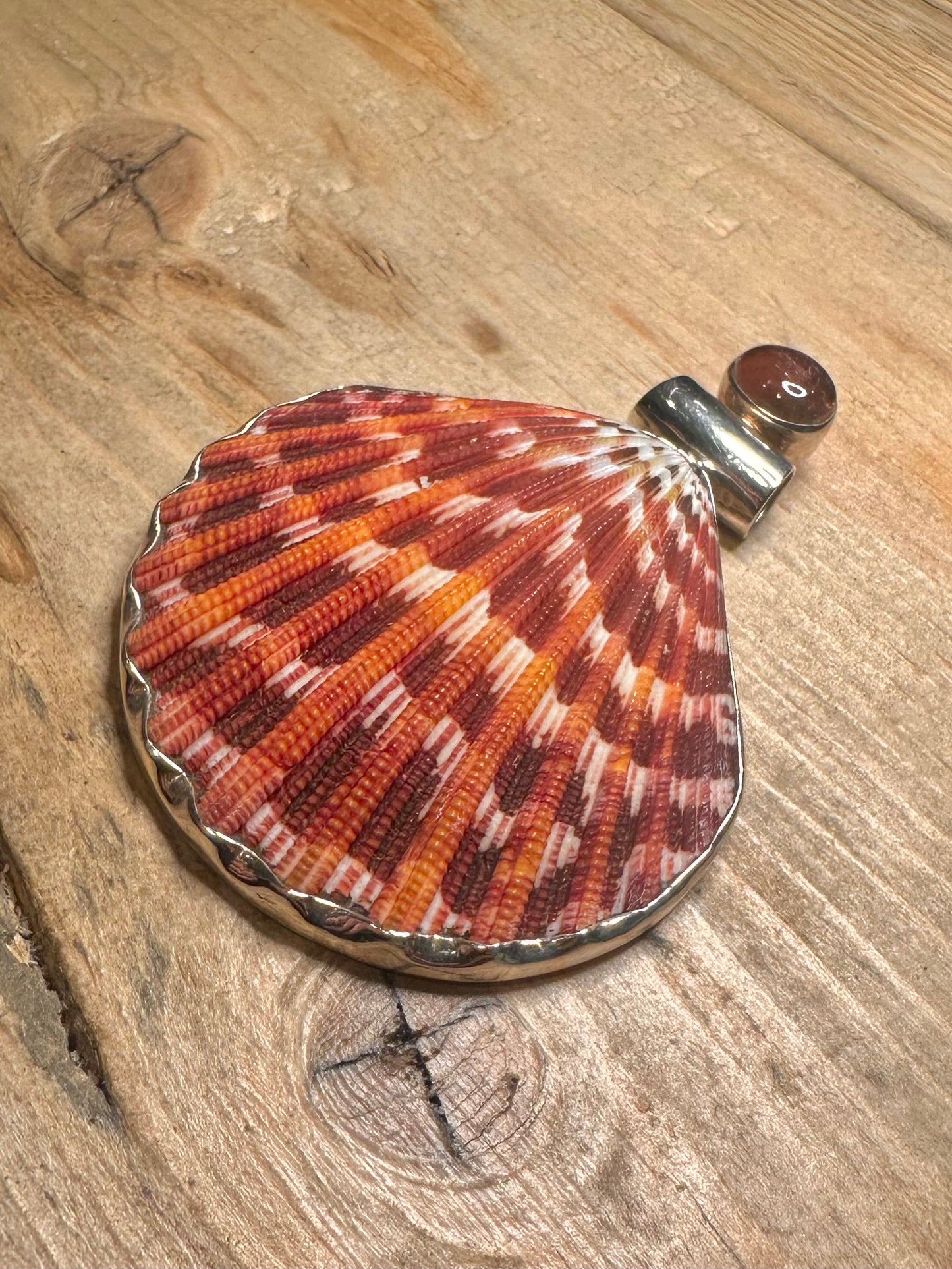 Abstract 2005 Red Shell and Red Gemstone 925 Silver Pendant