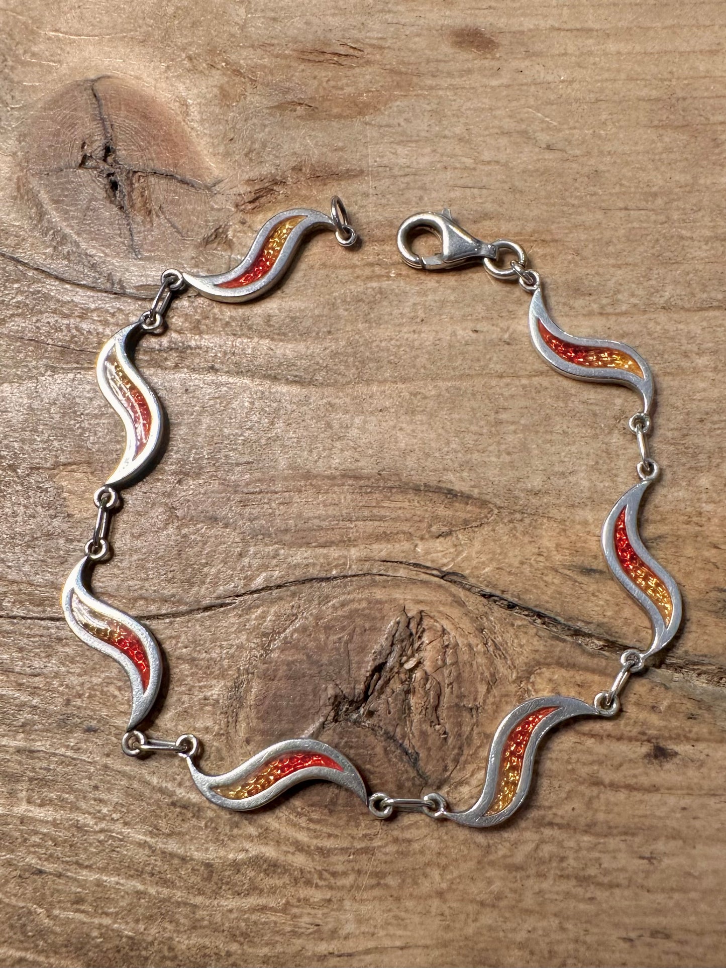 Modernist Wavy Yellow and Red 925 Silver 7 inch Bracelet