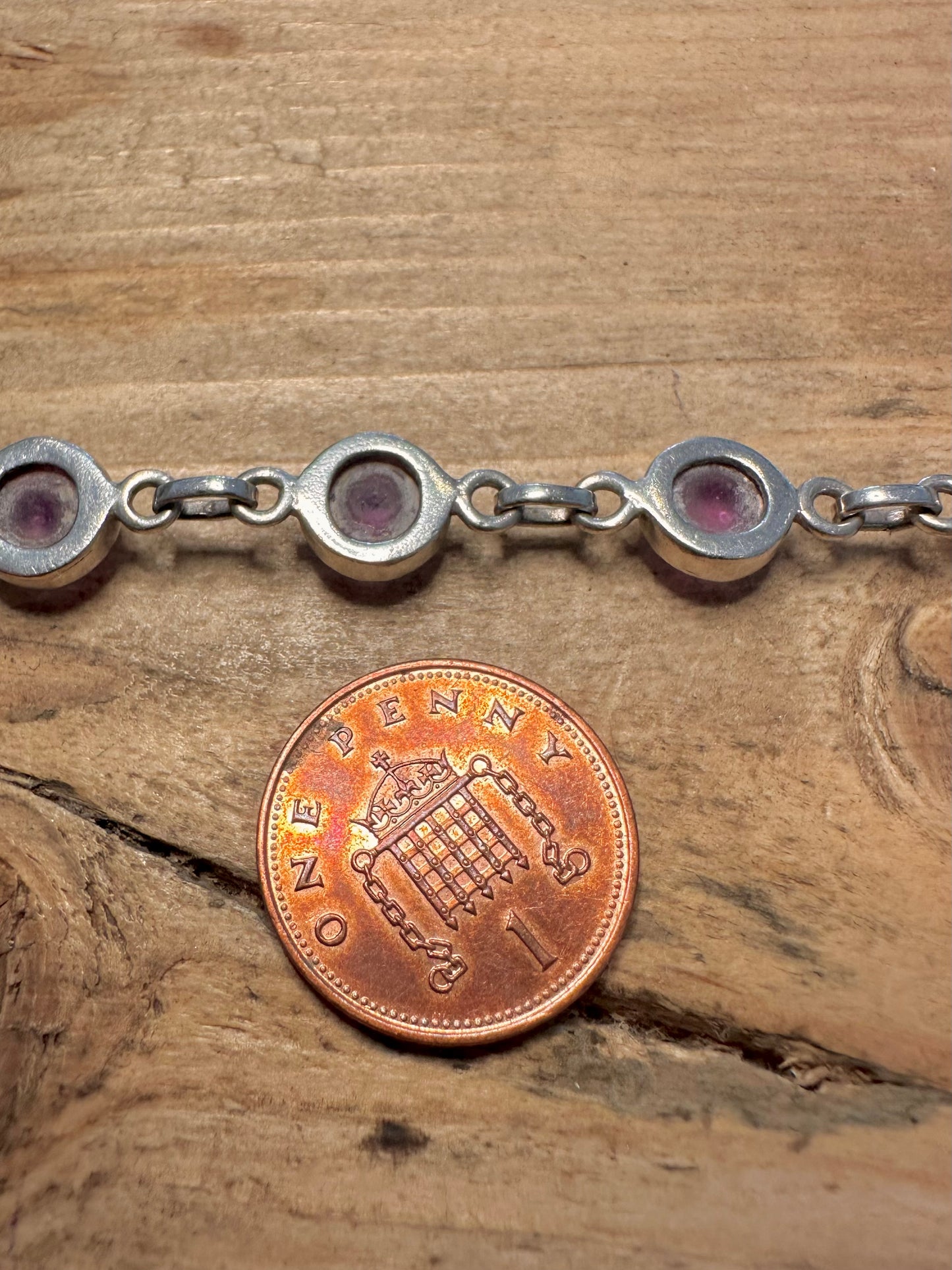 Vintage Amethyst Circle Link T Bar Clasp 925 Silver 7 to 8 inch Bracelet
