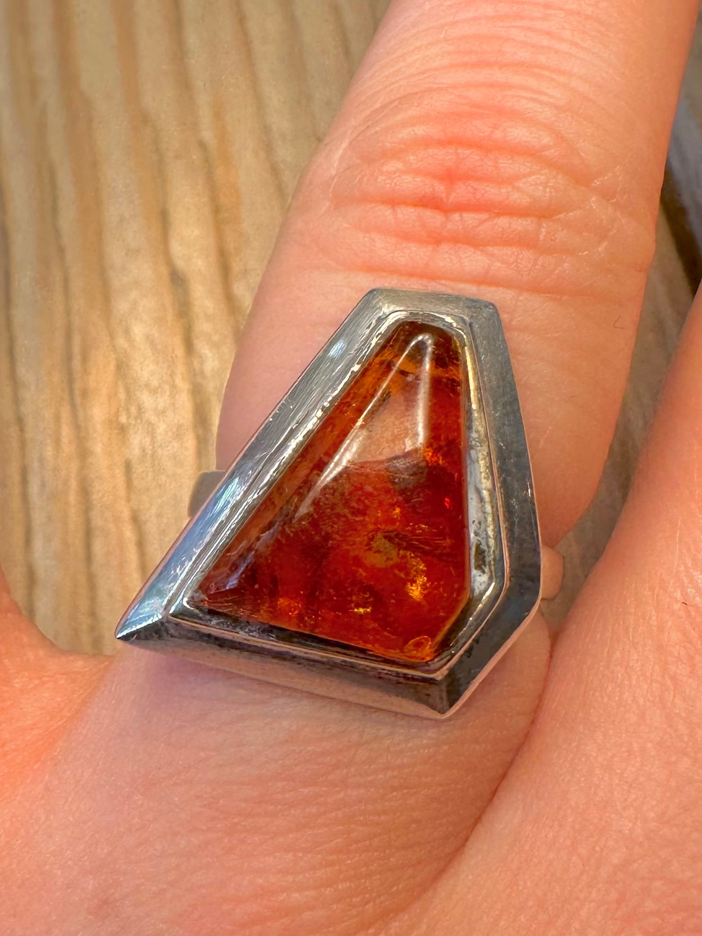 Vintage Abstract Amber 925 Sterling Silver Size N Ring